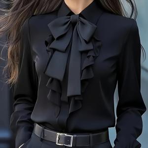 TEMU 레이디스 러플 디자인 리본 장식 탑, 우아한 커뮤터 스타일 패션 셔츠