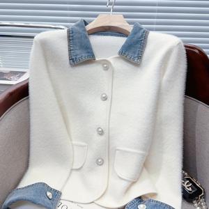 TEMU 여성 패션 스타일의 작은 향기나는 스타일 인조 밍크 스웨터 코트, 컬러 블록 데님 패치워크 가디건으로 구성된 새로운 가을/겨울 디자인, 아름다운 탑