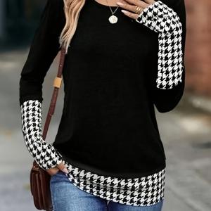 TEMU 여성용 엘레강스 긴팔 탑, 하운드투스 패치워크