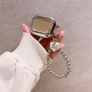 TEMU 전기 도금 단색 은색 이어폰 케이스 손목 고정 끈 분실 방지 케이스 사랑 펜던트 이어폰 커버, Forairpods1/2/3/4/Pro 이어폰 가방에 적합