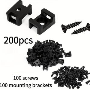 TEMU 200개 케이블 타이 홀더 (나사 포함) | 받침대 100개, 나사 100개, 벽면, 데스크탑, 베이스보드용 영구 접착제 포함, 가정, 사무실, TV, 컴퓨터, 네트워크 케이블 정리용으로 적합