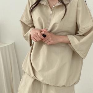 TEMU 한국 스타일 세련된 스탠드업 칼라 지퍼 풀오버 루즈핏 탑 + 하이웨이스트 캐주얼 스포츠 와이드레그 반바지 투피스 세트