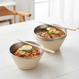 TEMU 밀양도자기 피오르 이중 면기 4P세트 (면기 2P+스텐 젓가락 2벌)