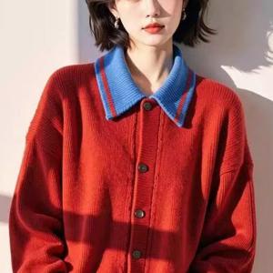 TEMU 유니크하고 매우 멋진 빨간색과 파란색 대비 스웨터 가디건 여성용 2025 신상 코트 게으른 루즈핏 슬리밍 탑