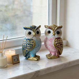 TEMU 1개/2개 레진 올빼미 장식 오너먼트, 블루와 골드 조합 공예 조각상, 정교한 동물 조각품, 거실, 책장, 데스크탑 장식용, 홈 데코 액센트 및 선물용으로 이상적