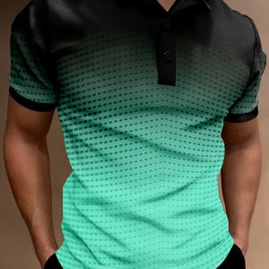 TEMU 남성 여름 패션 오므레 기하학적 패턴 폴로 셔츠, 캐주얼 반팔 니트 소재 티셔츠, 버튼 플랙트, 정상 핏 폴리에스테르 100% - 150gsm