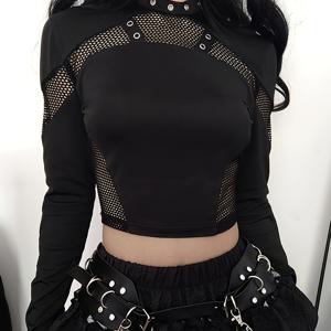 TEMU 그리드 스티칭 반팔 티셔츠, 봄/가을 캐주얼 긴팔 스탠드업 칼라 탑, 캐주얼 스타일 여성 의류