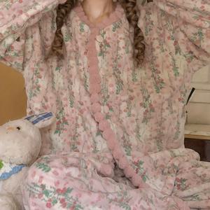 TEMU 코랄 플리스 잠옷 여성 가을 겨울 스타일 플리스 두꺼운 따뜻한 긴소매 긴바지 귀여운 홈웨어 핫 아이템