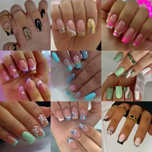 TEMU 216개 프레스온 인조 손톱 패치 콤비네이션 세트, 미디엄-롱 유럽 스퀘어 매니큐어, 프렌치 하트 그라데이션, 컬러풀 믹스 매니큐어 패치, 탈착식 216개 네일 패치, 재사용 가능한 매니큐어