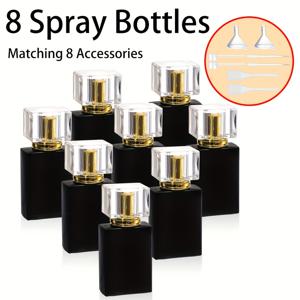 TEMU 8개입 30ml/1oz 검정 리필형 향수 병 (스프레이 병 8개, 스포이드 2개, 깔때기 2개, 분사 도구 2개, 스프링 흡입 튜브 2개 포함), 휴대용 사각 빈 유리 향수 분무기 병 (스프레이 어플리케이터 포함)