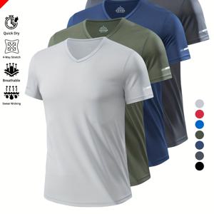 TEMU 남성용 V넥 반팔 티셔츠 4개 세트 - 수분 흡수 및 통기성 빠른 건조 스트레치 원단, 단색 운동복, 체육관/러닝/아웃도어 캐주얼 착용 - 가벼운 레귤러 핏 기계세탁 가능, 스타일리시한 스포츠 디자인 | 수분흡수 기능, 워크아웃 셔츠