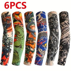 TEMU 남녀공용 타투 슬리브 6개, 타투 프린트 팔토시, 야외 사이클링용, 쿨링 슬리브, 운전용 팔토시, 랜덤 혼합, 중복되지 않는 패턴