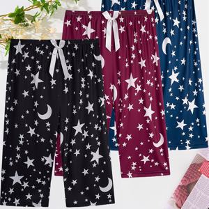 TEMU 별과 달 프린트와 리본 장식이 있는 여성용 슬립 팬츠 3종 세트, 크롭 기장