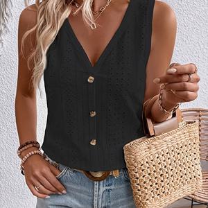 TEMU 여성 솔리드 컬러 V넥 민소매 탑, 버튼 디테일, 캐주얼 웨어에 완벽