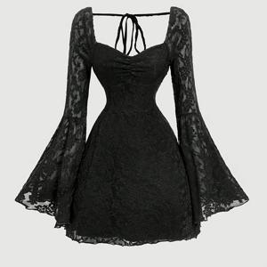 TEMU 감사절, 크리스마스, 새해 착용용 레터스 고딕 스타일 플레어 소매 숏 드레스 NS702