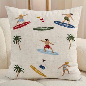 TEMU 1pc 여름 해변 서핑 프린트 베개 커버, 해변 테마 장식, 서핑 캠프, 거실, 침실, 포치, 해변 등에 적합, 가정 장식, 현대 스타일, 지퍼 잠금, 기계 세탁 가능, 폴리에스터, 2D 평면