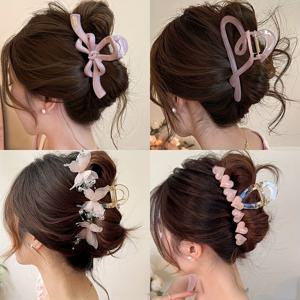 TEMU 4개 세트 핑크 레트로 상어 클립 - 여성용 대형 헤어핀, 빈티지 멀티컬러 디자인, 캐주얼 및 포뮬 업두 액세서리로 적합