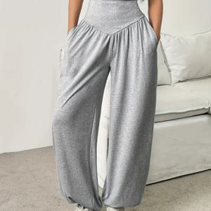 TEMU 여성용 포켓 운동 바지 - 통기성 좋고 신축성 있는 캐주얼 긴 바지, 탄성 허리 밴드 및 커프스 헴 디자인, 헬스, 야외 활동 및 캐주얼 웨어에 적합 | 러닝, 요가에 이상적인 편안한 운동 레깅스