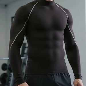 TEMU 남성용 속건성 스트레치 피트니스 셔츠 – 하이넥 긴팔 스포츠 탑, 스키니 핏, 흡습성 기능성 짐 의류, 단색, 탄성 원단, 사계절 훈련용 티셔츠 (일상복 및 운동용), 스포티 스타일