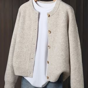 TEMU 여성용 베이지 가디건 - 앞면 단추 여밈의 부드러운 긴팔 스웨터 재킷, 가을/겨울 데일리 및 정장용, 편안한 두꺼운 아우터웨어, 섬유 질감, 캐주얼 루즈핏, 신축성 원단, 사무복