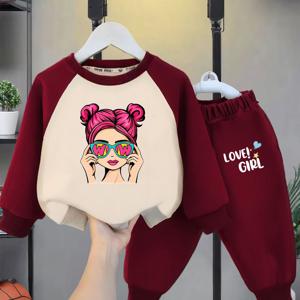 TEMU 2025년 신상 봄/가을 패션 안경 여아 프린트 라운드넥 스플라이스 긴팔 스웨트셔츠 & 탄성 허리 롱 팬츠 투피스 세트 (2피스 세트), 여아용 S/L 사이즈 스플라이스 스웨트셔츠 & 스웨트팬츠 세트, 야외용