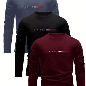 TEMU 3개 혼합 PC 프린팅 PARIS 패턴 남성용 초경량 긴팔 크루넥 티셔츠, 속건성, 통기성, 흡습성 셔츠, 캐주얼 남성용 긴팔 의류, 통기성 및 흡습성, 남성용 선물 크루넥 디자인