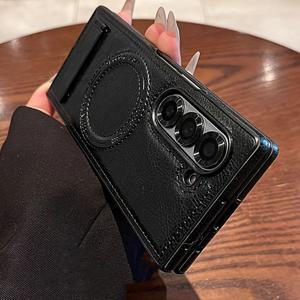 TEMU 삼성 갤럭시 Z 폴드 6/7/5/4/3용 매그네틱 무선 충전 케이스, 레트로 PU 가죽 스탠드 커버