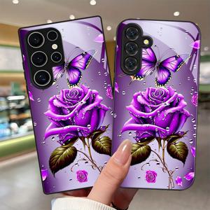 TEMU 휴대폰 케이스 - 보라색 장미 나비 패턴, 렌즈 보호 기능 포함, 삼성 갤럭시 S9+/S10/S20+/S20 울트라/S21 5G/S21+/S22/S23 플러스/S24 플러스/S25/S25 엣지/노트 9/노트 10/노트 10+/노트 20/노트 20 울트라/미끄럼 방지 강화 유리 보호 케이스