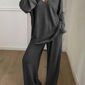 TEMU 패션 솔리드 컬러 캐주얼 편안한 긴팔 긴바지 투피스 라운지웨어 세트