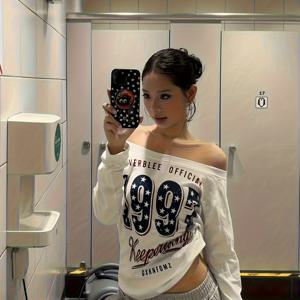 TEMU 여성용 봄 여름 가을 탑 - 아메리칸 빈티지 스타 프린트 오프숄더 살짝 肩이 드러나는 캐주얼 핫한 활용도 높은 긴팔 상의