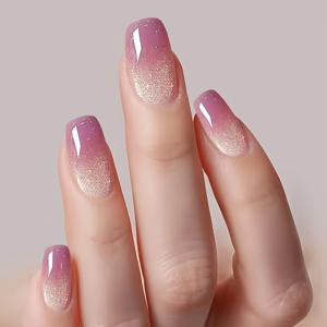 TEMU 24개 핑크 그라데이션 고양이 눈 인조 네일 아트 스티커 세트 - 미리 제작된 및 제거 가능한 네일 박스