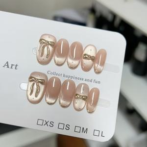 TEMU 고품질 핸드메이드 골드 글리터 캣아이 폴카닷 보우 스타일 프레스온 네일 10개 세트. 가을/겨울 신상 디자인, 탈부착 가능한 인조 네일, 여성을 위한 완벽한 선물