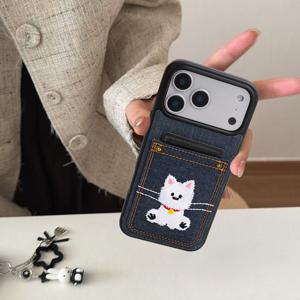 TEMU 폰 케이스: 카툰 데님 자수 강아지 합성 가죽 폰 케이스 카드 홀더 스타일리시 아이폰 12/11/13/14/17 프로 맥스/16e용