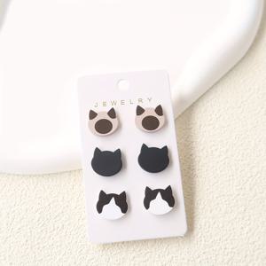 TEMU 3쌍 세트 모조 소프트 도자기 아크릴 베이킹 페인트 귀걸이 귀여운 동물 고양이 귀걸이 세트 재미있는 인스타 스타일 고양이 머리 귀걸이