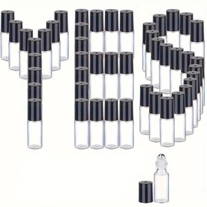 TEMU 5ml 투명 유리 롤온 병 50개입 (블랙 캡 및 플라스틱 롤온 포함), 에센셜 오일, 향수, 립밤에 적합. 이 병들은 리필 가능, 재사용 가능, 누출 방지 기능이 있습니다.