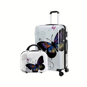 TEMU 항공사 승인된 20인치 하드사이드 기내 반입 수트케이스 2개 세트, PC+ABS 재질, 바퀴 및 콤비네이션 잠금장치 장착, 남녀 모두에게 적합한 경량 롤링 여행 가방, 나비 프린트 특징.