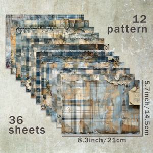TEMU 36장 A5 레트로 블루 그리드 데님 레이스 배경 스크랩북 용지, 불릿 저널링, 매거진 카드, 포토 앨범 및 공예용