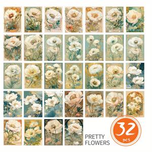 TEMU 빈티지 화이트 꽃 포스카드 32개입, 스크랩북, 벽 스티커, 인사 메시지 카드, 우편 발송, 기념품 포스카드, 인사 카드, 벽 장식, 생일, 이벤트, 파티를 위한 장식 카드에 적합