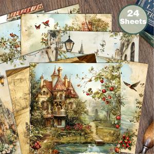 TEMU 6X6인치 테일 캐슬 스크랩북 용지 24매, 손으로 그린 빈티지 성 스타일 아트 배경이 특징이며, 콜라주, 수제 프로젝트, 종이, 스크랩북, 불렛 저널, 인사말 카드, 선물 포장 및 홈 데코 용지에 적합합니다.