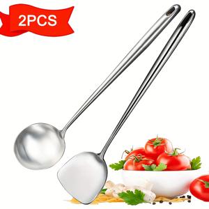 TEMU 1/2개 헤비듀티 상업용 & 가정용 스테인리스 스틸 롱핸들 스패츌러 세트 - 멀티 프라이팬, 핫팟, 계란 뒤집기 & 식기세척기 안전 201 등급 주방용품, 레스토랑, 가정, 주방에 적합