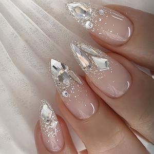 TEMU 뷰티 향상 24pcs 아몬드형 네일, 고급스럽고 우아한 글리터 모양 샤이니 라인스톤 은빛 루스 파우더 누드 광택 프렌치 스타일 인조 손톱, 봄 여름 여성용 패셔너블하고 활용도 높은 프레스온 네일, 가을 겨울 데일리웨어용, 탈부착식 프레스온 네일 세트, 젤리 글루와 네일 파일 포함, 간편한 부착과 오래 지속됨