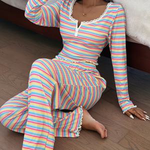 TEMU 여성용 컬러풀 프린트 파자마 세트, 긴소매 레ース 트리ム 상의 & 바지 집옷 투피스 세트