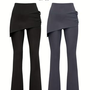 TEMU 2개입 신상 플리츠 드로스트링 여성용 요가복 플레어 스커트 바지, 여성용 하이 원단 허리 집어넣는 플레어 바지, 페이크 투피스 하이웨이스트 러닝 및 피트니스 요가 바지: 비대칭 스커트 밑단과 플레어 바지 다리 조합|치마바지