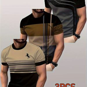 TEMU 남성용 통기성 여름 셔츠 3종 - 바틱 프린트와 대비되는 스트라이프가 있는 반팔 티셔츠, 신축성 있는 라운드넥으로 피트니스 및 캐주얼 웨어에 적합, 세탁기 사용 가능