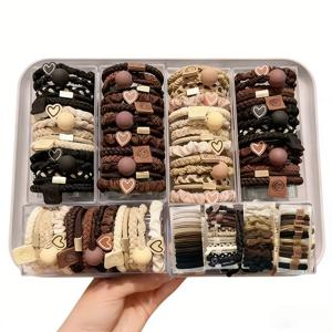 TEMU 52개 랜덤 스타일 헤어 타이 (하트 및 얼굴 장식) - 부드럽고 중성적인 색조 (베이지, 브라운, 블랙, 화이트, 핑크, 투명) - 하트 컷아웃 및 표현적인 눈이 있는 탄성 있는 부드러운 헤어 타이, 땋은 머리, 포니테일에 적합