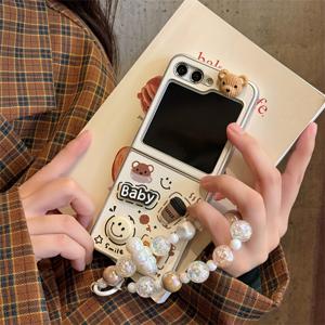 TEMU 휴대폰 케이스 - 만화 3D 커피 웃는 곰 접이식 휴대폰 케이스, 손목 스트랩 포함, 삼성 갤럭시 Z 플립 7, 6, 5, 4, 3 호환