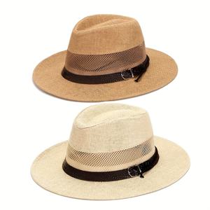 TEMU 남성용 스타일리시하고 통기성이 좋은 스트로우 모자 2개 세트. 야외 활동에 적합하며, 메시 디자인과 속이 빈 스트로우 직조 상단이 특징입니다. 가벼운 비치 모자에 넓은 챙을 원하는 중년 및 노년층에게 이상적입니다.