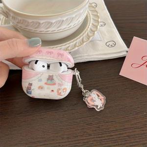 TEMU 핑크 리본 IMD 티 고양이 헤드셋 보호 커버, 빵 장식 포함 - AirPodsPro2/4/3/2 케이스용