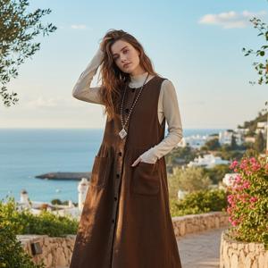 TEMU 2025년 가을/겨울 신상 루즈핏 단색 코듀로이 민소매 원피스, 여성 캐주얼 바캉스 탱크 원피스