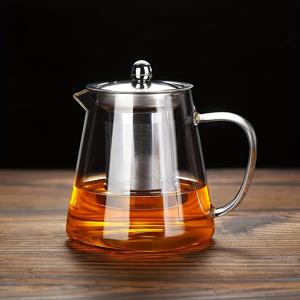 TEMU 투명 고붕규산 유리 찻주전자 티세트 1개, 950ml 가정용 꽃차 소용기, 고온 내성 강화 내열 여과식 찻주전자, 사무실 환대용 차 용기, 스틸 메쉬 찻주전자